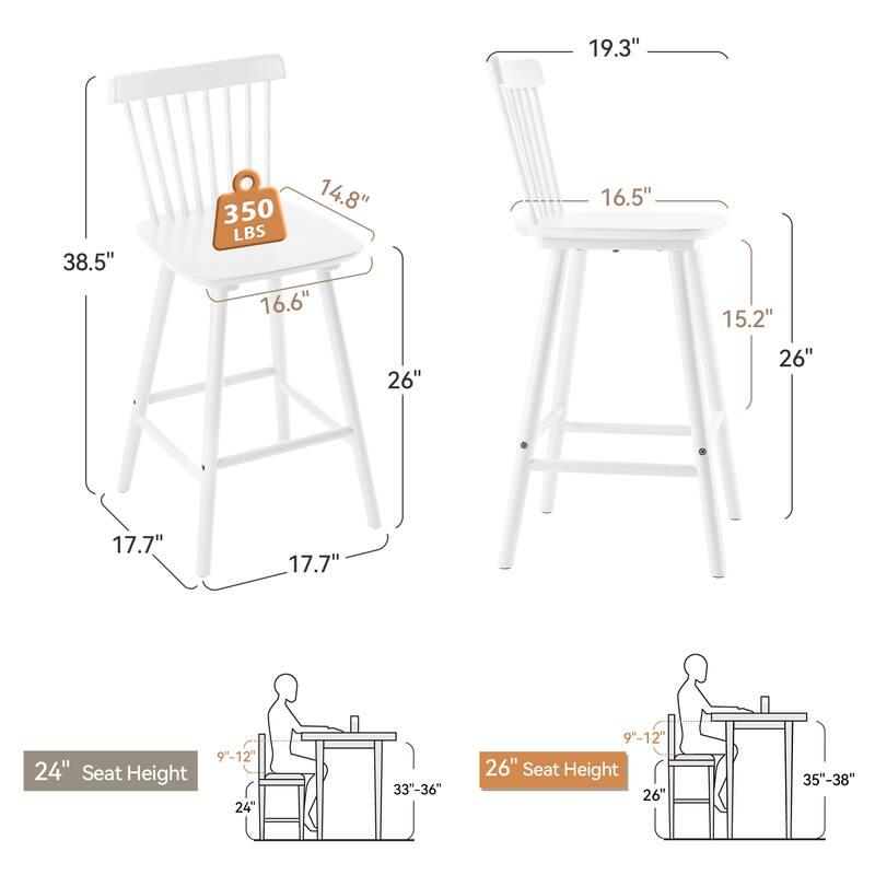 26 in. Modern Wooden Bar Stools with Slat Back Windsor-Style Solid Wood Counter Stools - 17.7 in. W x 17.7 in. D x 38.5 in. H