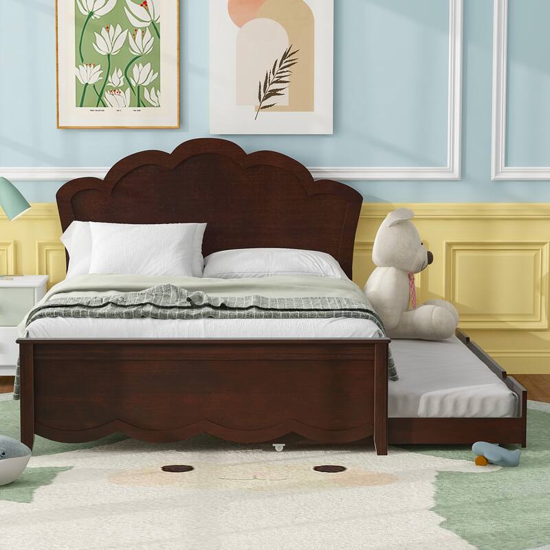 Single Bed Wood Platform Bed with Wave Shape Headboard and Footboard, Twin Size Trundle Bed Underneath No Box Spring Needed - Cappuccino - Full