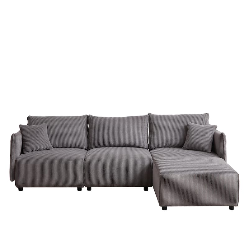 Grey 106" Corduroy 3-Seater Sectional Sofa with 2 Cushions and USB Charging Ports