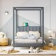 preview thumbnail 18 of 39, Canvas-upholstered Canopy Bed - Platform Wingback Bed Frame with USB, Type-C Ports Headboard, 4 Canopy Columns, 2 Sides Pocket
