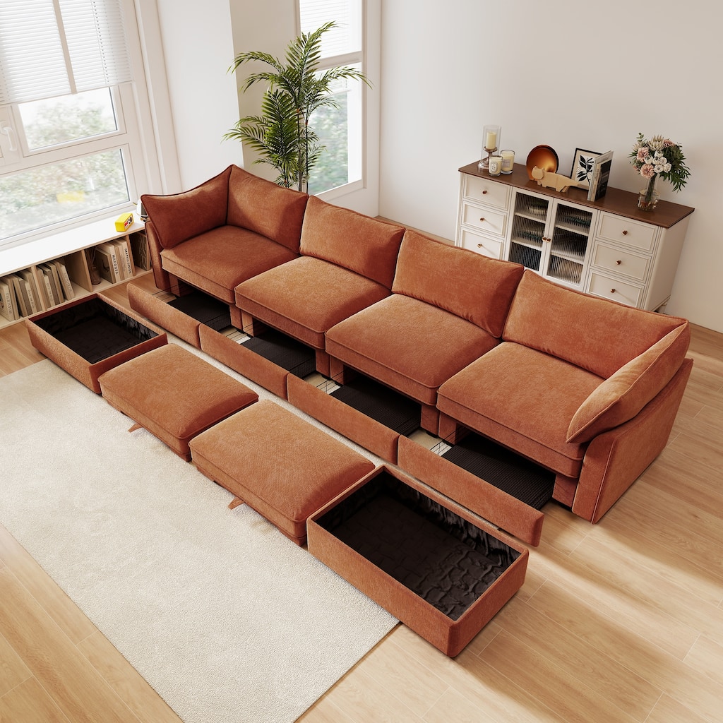 GDFStudio - Chenille U-Shaped 4-Seater 146.4" Modular Sofa with 2 Ottomans and Storage Drawers
