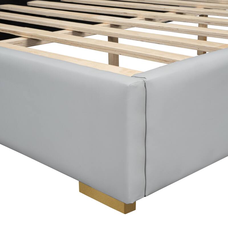 Modern PU Upholstered Platform Bed with Metal Strips