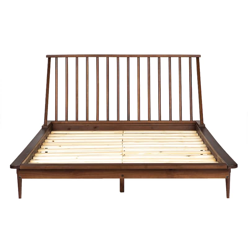 Mid-Century Modern Queen Platform Bed Frame with Spindle Headboard in Walnut