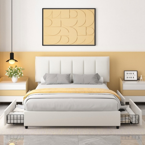 White Bed Frame with 4 Storage Drawers, Upholstered Platform Bed