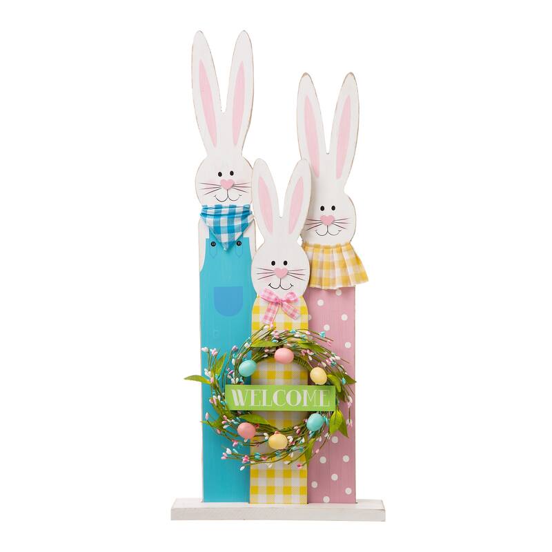 Glitzhome Easter Wooden Bunny Family Standing Decor Porch Sign with Wreath Welcome Wall Decor Party Supplies Props