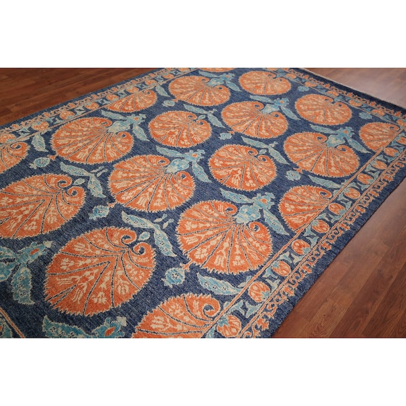 Blue & Orange Ziegler Vegetable Dye Area Rug Hand-Knotted Wool Carpet - 6'2" x 9'5"