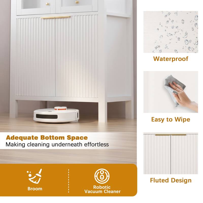 71" Fluted Tall Arched Bathroom storage Cabinet with Adjustable Shelves,Display Storage with Hidden Drawer & Glass Door