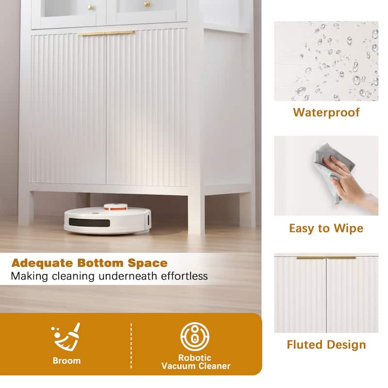 71" Fluted Tall Pantry Cabinet with Arched Glass Door, Hidden Drawer, Wood Display Storage Cabinet with Adjustable Shelves