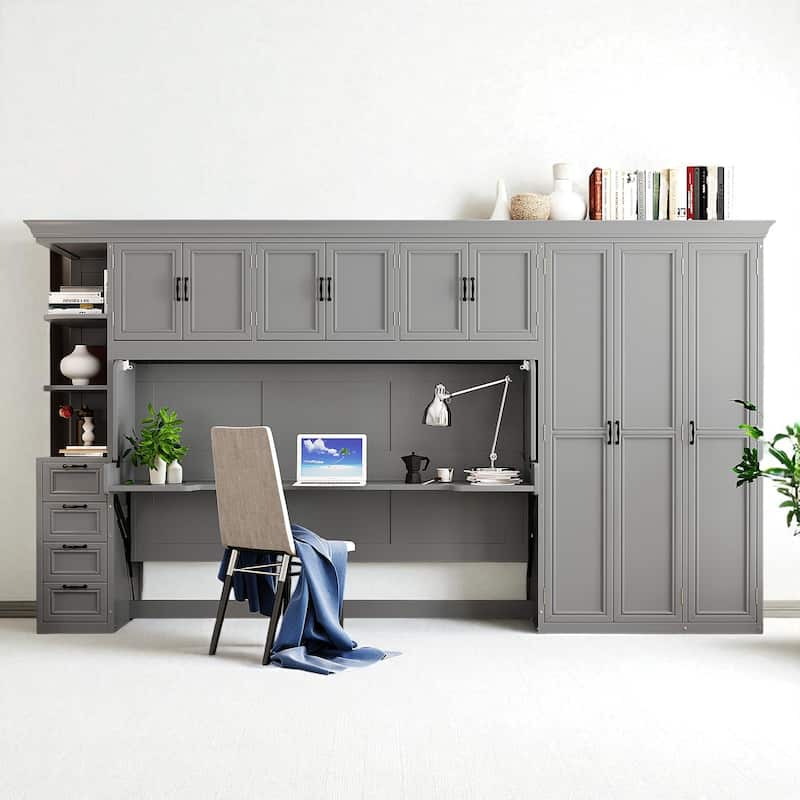 Twin Size Murphy Bed with Desk, Wardrobe, Cabinets & Drawers, Space-Saving Wall Bed for Small Apartments - Grey - Twin