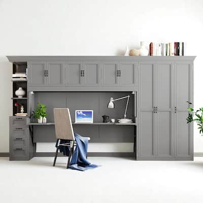 Twin Size Murphy Bed with Desk, Wardrobe, Cabinets & Drawers, Space-Saving Wall Bed for Small Apartments