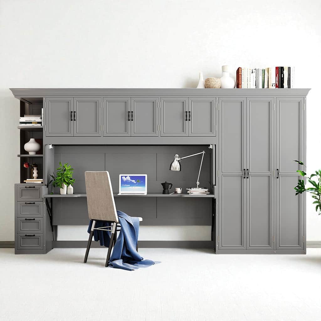 Twin Size Murphy Bed with Desk, Wardrobe, Cabinets & Drawers, Space-Saving Wall Bed for Small Apartments