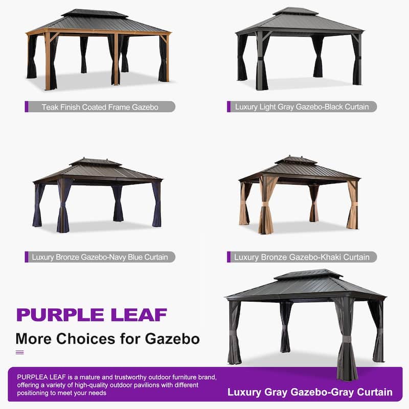 PURPLE LEAF Outdoor Galvanized Steel Hardtop Gazebo, Aluminum Frame Gazebo With Curtains
