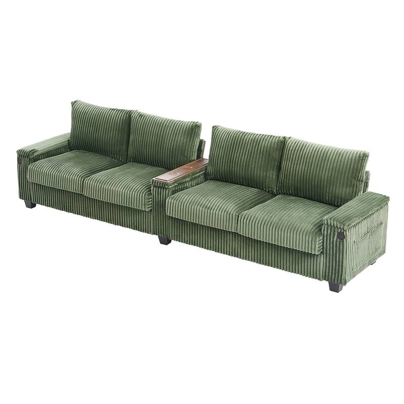 133" Corduroy 4-Seater Sofa with USB Ports, Hidden Storage Arms & Flip-Top Cup Holders