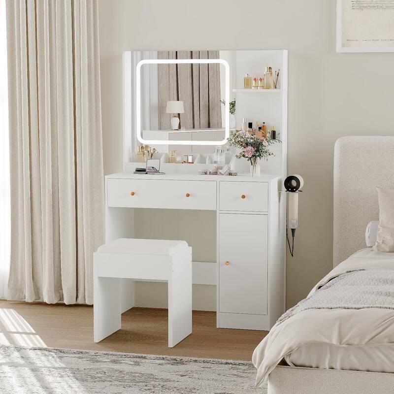 Makeup Vanity Desk Dressing Table Set with Stool for Bedroom - White