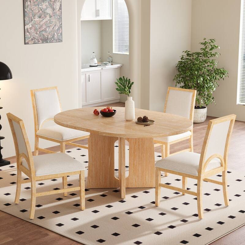5-Piece Set, 57.3" Extendable Dining Table with 4 Upholstered Chairs