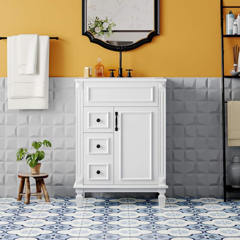 24" Bathroom Vanity with Ceramic Sink - Modern 2-Drawer Storage Cabinet, Adjustable Shelf, Space-Saving Design