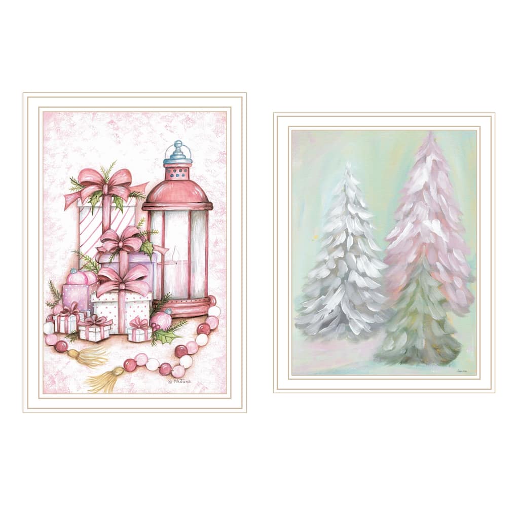 2-Piece Framed Wall Art Set - Pink Candy Land Christmas Trees, White Frame