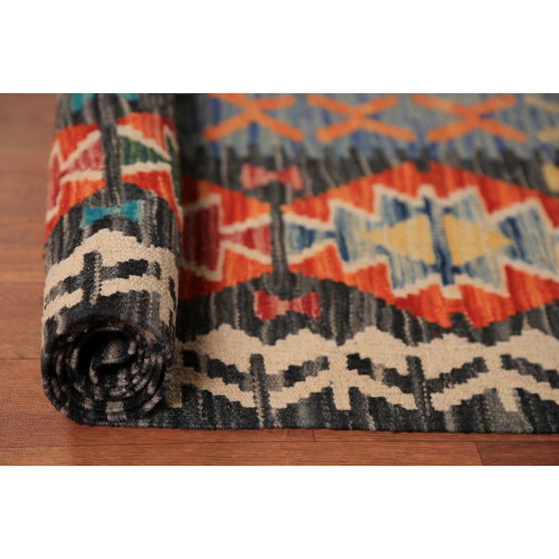 Multi-Color Geometric Kilim Oriental Rug Hand-Woven Wool Carpet - 8'3"x 11'2"