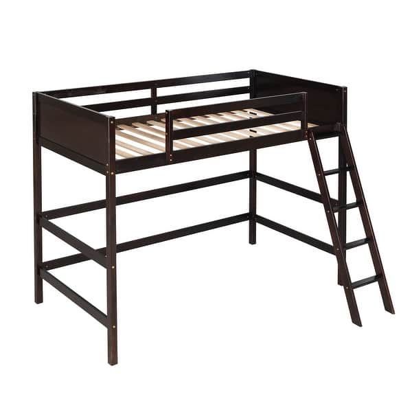slide 2 of 9, Wooden Loft Bed Twin Size, Solid Wood High Loft Bed Frame with Ladder & Safety Guardrail, Twin Kids Bed Frame for Boys Girls Espresso - Twin