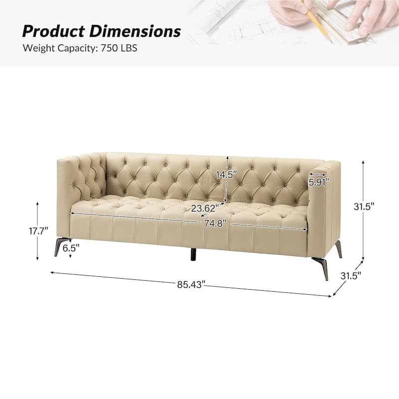 Nestor Transitional Genuine Leather Sofa with Metal Legs and Tufted Back