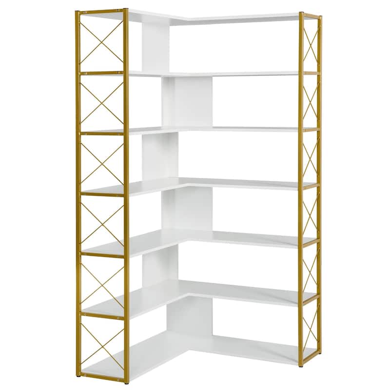 Industrial 7-Tier Bookshelf, L-Shaped Corner Bookcase with Metal Frame