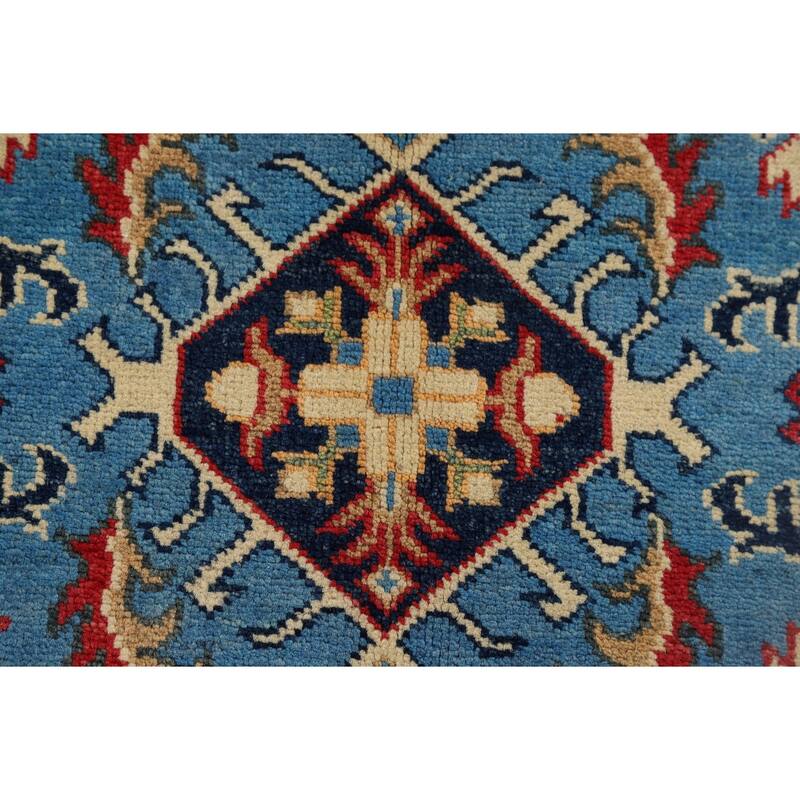 Blue Geometric Kazak Foyer Rug Hand-Knotted Wool Carpet - 2'10" x 3'11"