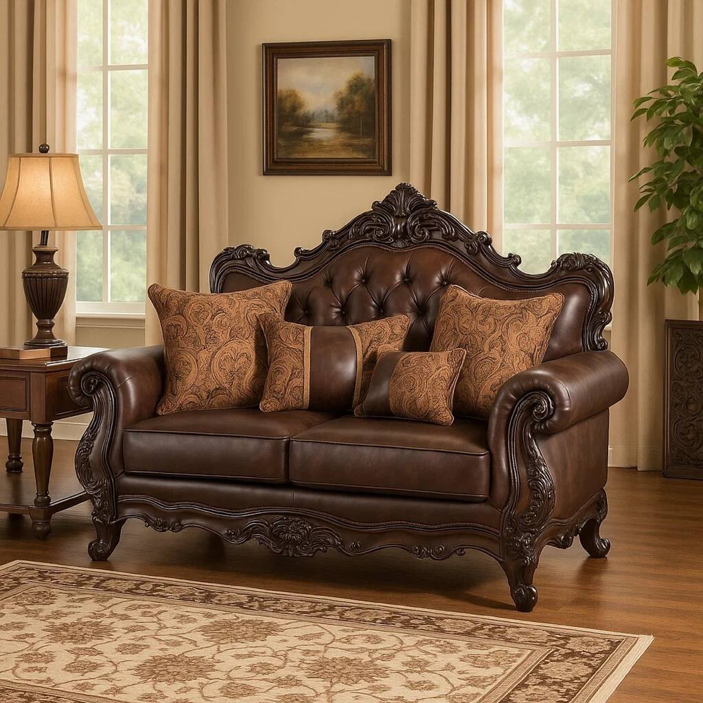 Puhi Loveseat w Accent Pillows, Brown Faux Leather, Ornate Carved 70 Inch