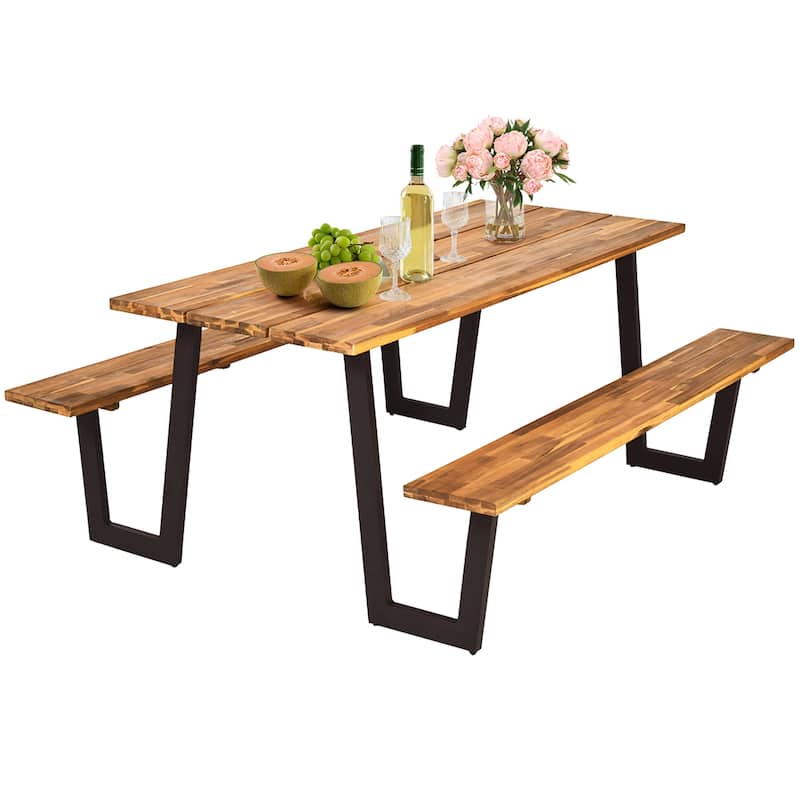 Picnic Table Bench Set Outdoor Dining Table Set with Umbrella Hole - Brown