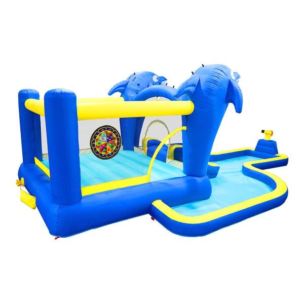 slide 2 of 7, 6-In-1 Inflatable Slide Water Park Combines a Slide, Trampoline, Bouncing House, Dolphin Sprinkler, Target Games, Water Gun Kids