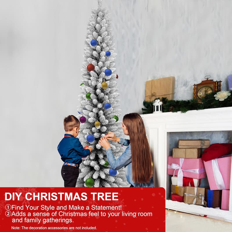 Flocked Pencil Christmas Tree - Slim PVC Branches, Snowy Finish, Space-Saving, Metal Stand - Green,White