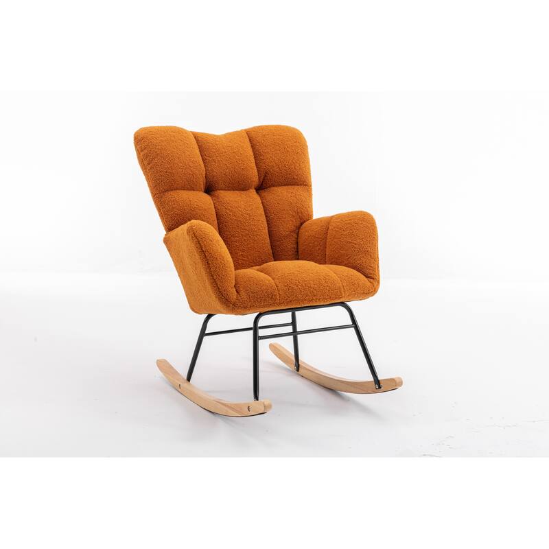 Teddy Fabric Upholstered Glider Rocker, Reading Chair with Thick Padded Seat, High Backrest Armchair with Wooden Legs
