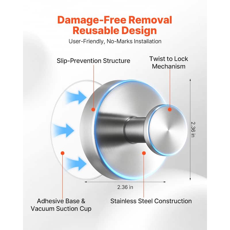 Stainless Steel Suction Cup Hooks for Bathroom Shower No Drill 2-Pack - 2.36 x 2.36 x 1.85 in