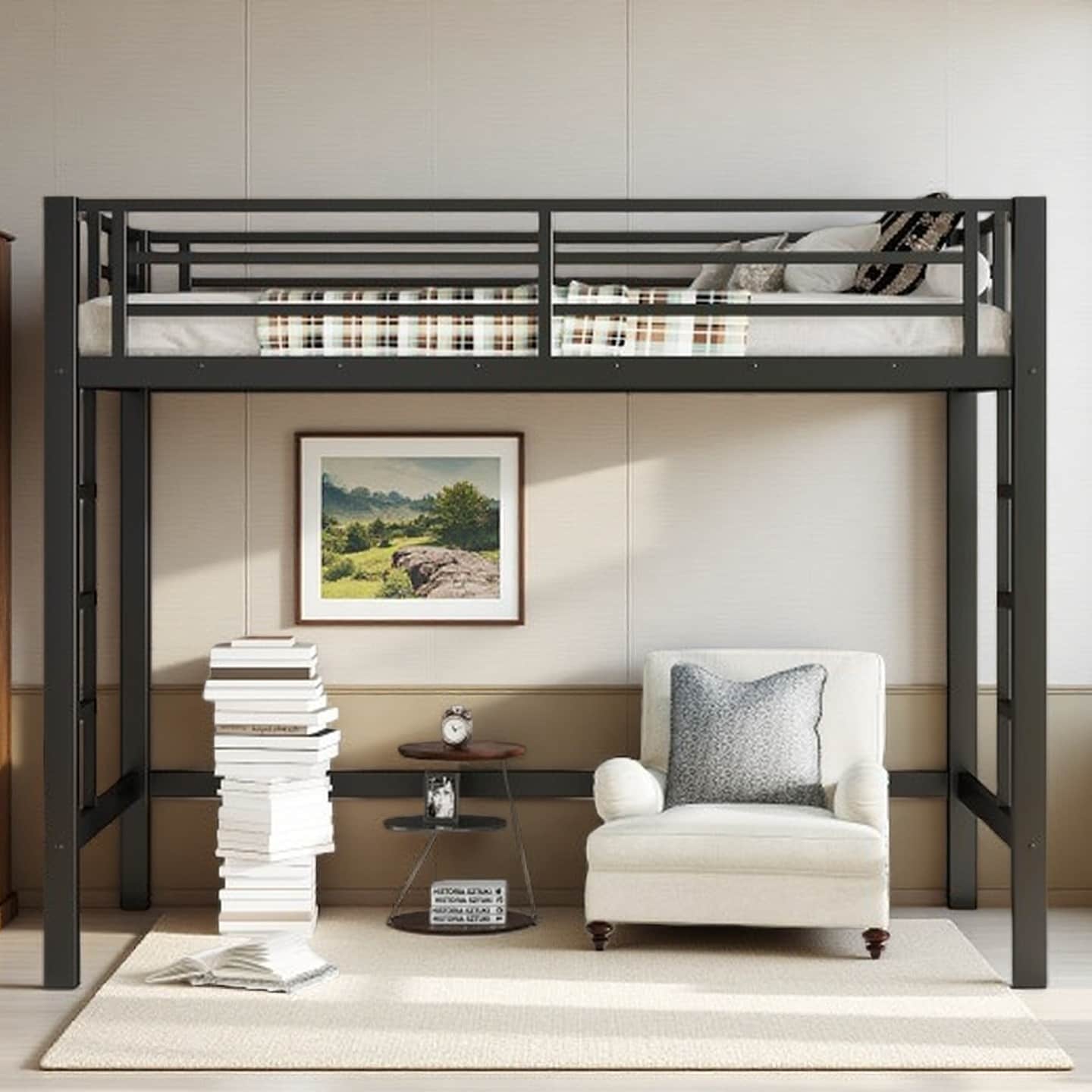 Twin Metal Loft Bed with Dual Ladders, Guardrails, and Under-Bed Storage, Sturdy Space-Saving Design for Kids and Teens