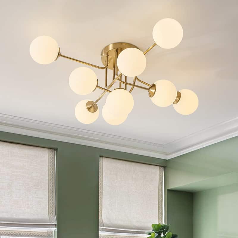 Linear Frosted Glass Globe Sputnik Semi Flush Ceiling Light - Brass