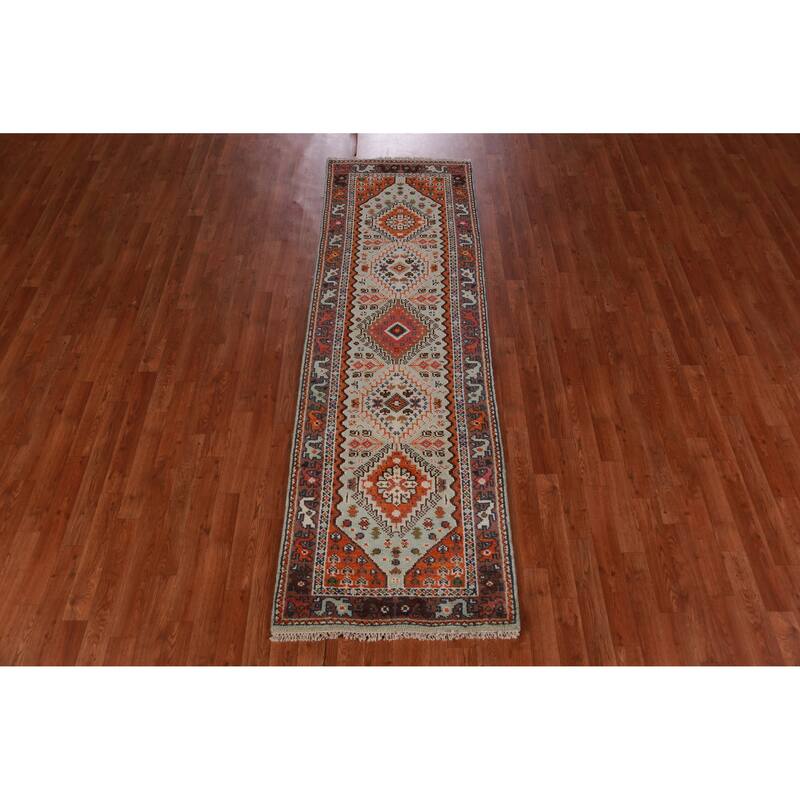 Hand Knotted Oriental 100% Wool Carpet Traditional Geometric Green Heriz (serapi) Runner Rug - 8' 2'' X 2' 6''