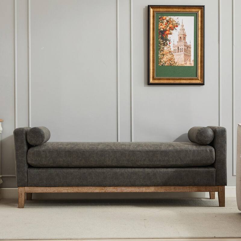 ​66" Upholstered Storage Bench - PU with Bolster Pillows
