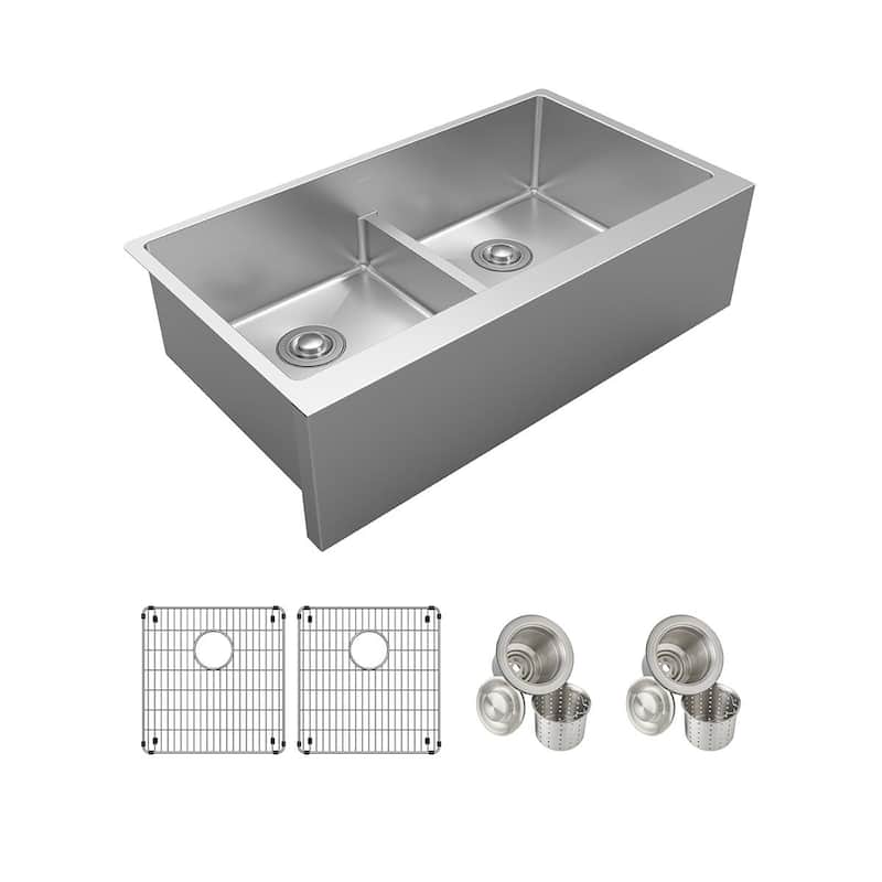 Elkay Crosstown 16 Gauge Stainless Steel 35-7/8" x 20-1/4" x 9" Equal Double Bowl Tall Farmhouse Sink with Aqua Divide - Bottom Grid(s) and Drain(s) Included