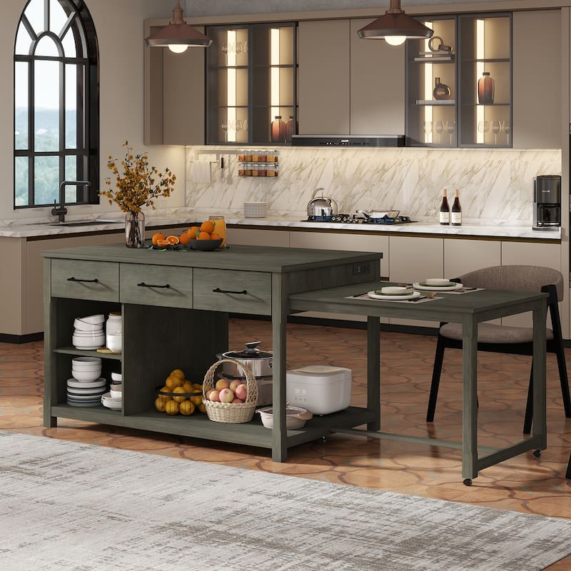 Mobile Kitchen Island, Extendable Table with USB Outlets and Storage - Grey