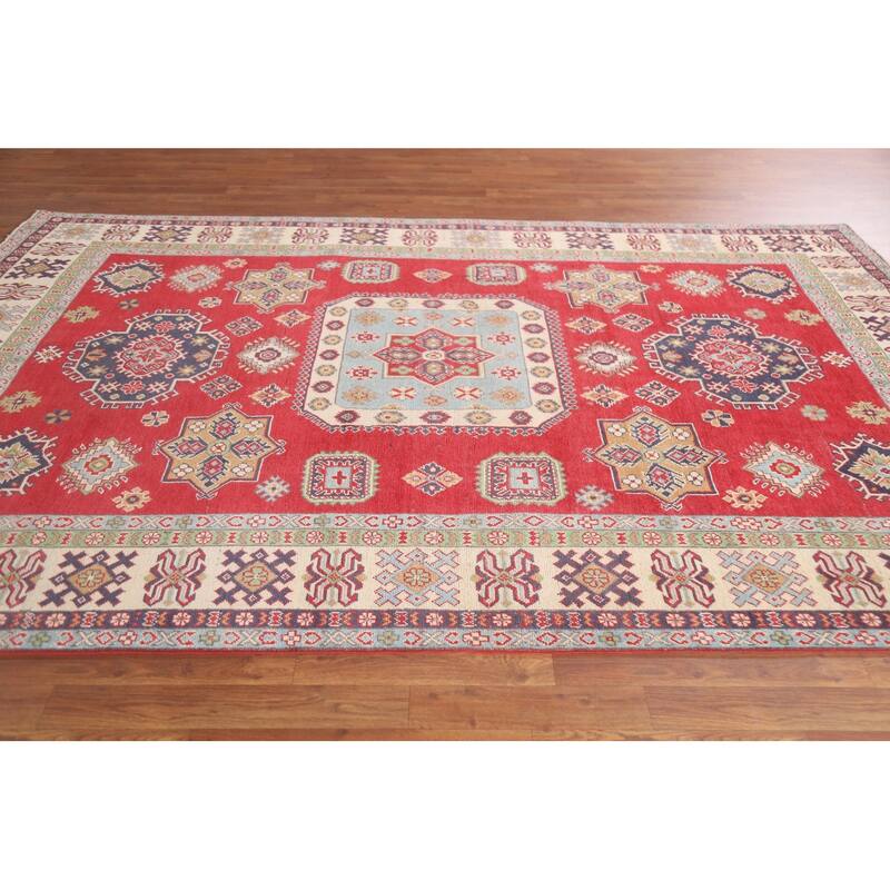 Hand Knotted Oriental 100% Wool Carpet Traditional Geometric Red Kazak Area Rug - 9' 8'' X 6' 3''