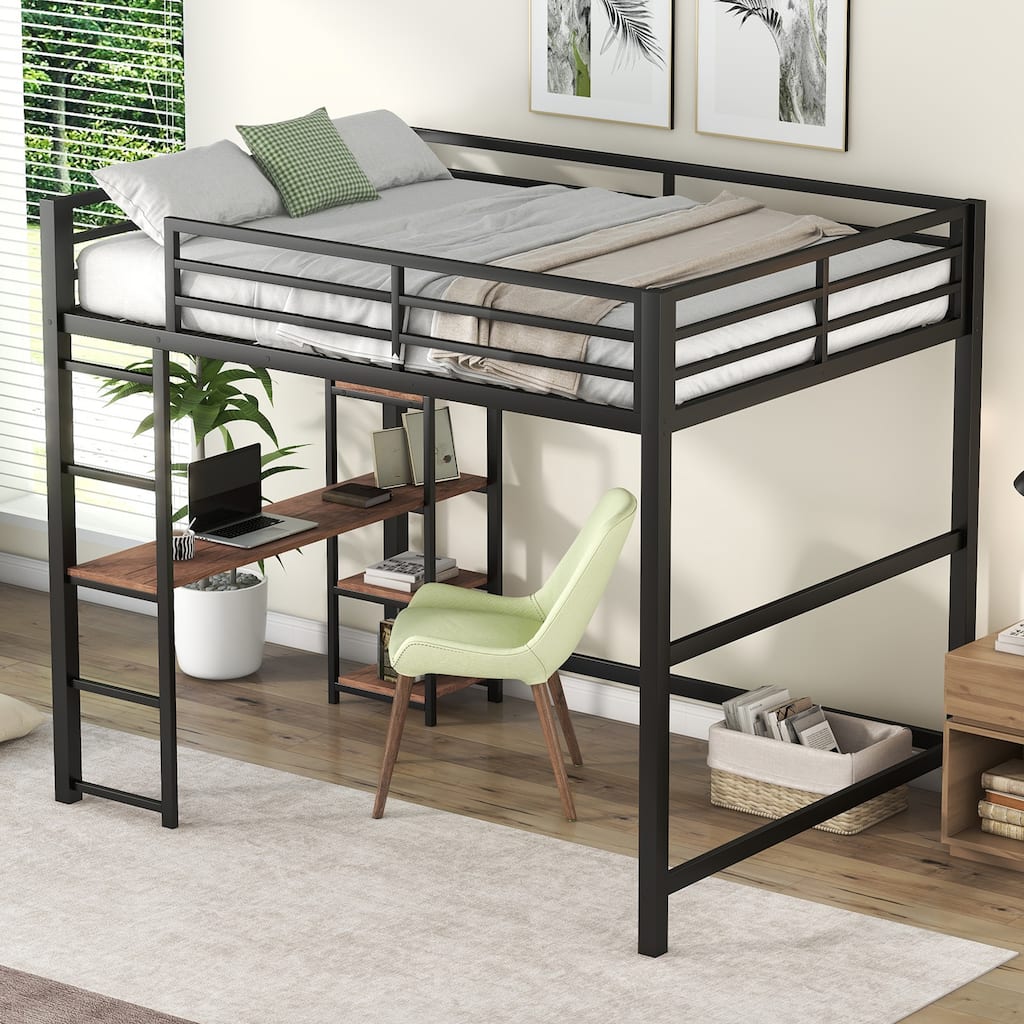 Full Size Black Metal Loft Bed with Built-in Desk and Storage Shelves