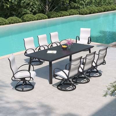 7/9PC Outdoor Patio Aluminum Dining Table with Sunbrella Swivel Dining Chairs Sunbrella Umbrella Hole