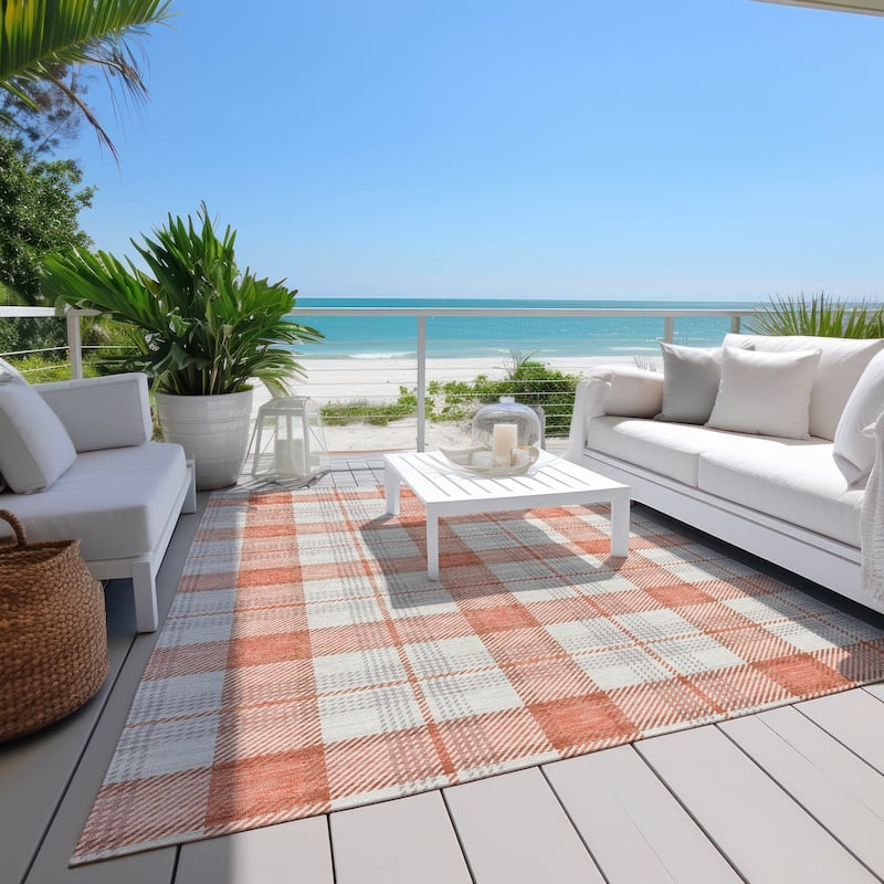 Machine Washable Indoor/ Outdoor Casual Plaid Chantille Rug
