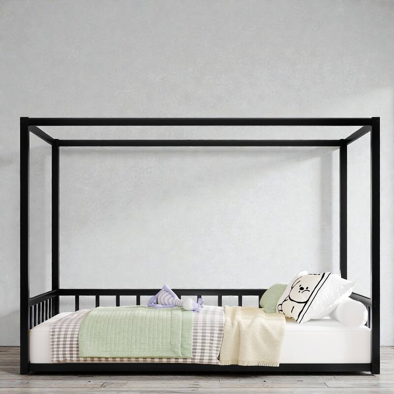 Twin Metal Floor Bed with House Canopy Frame and Guardrails, Low Profile Kids Bed with Safety Fence