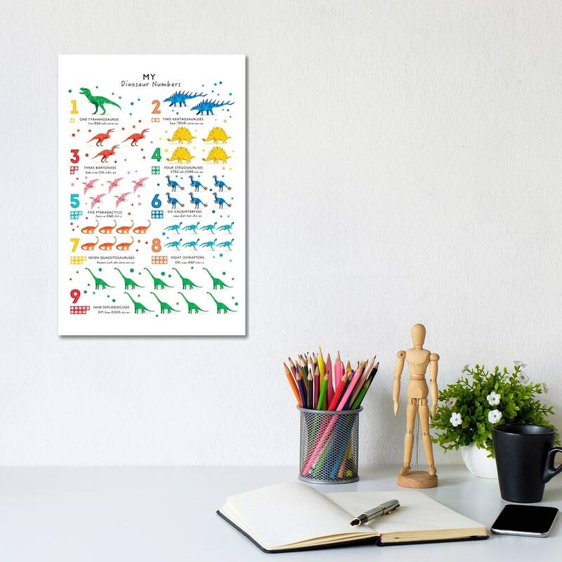 iCanvas "Bright Dinosaur Numbers" by PaperPaintPixels Canvas Print - 12x8x0.75