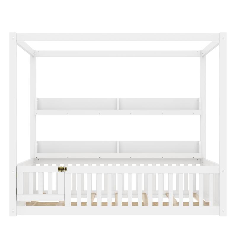 Roomfitters Canopy Floor Bed with Guardrails and Shelves, Solid Wood Montessori Frame