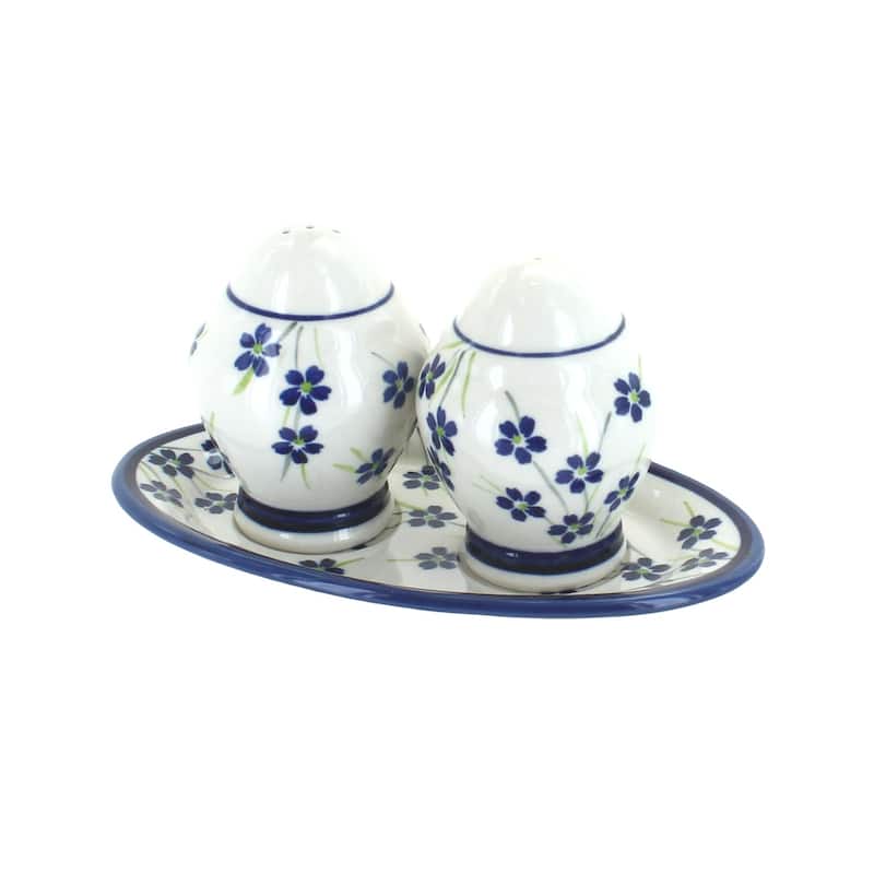 Blue Rose Polish Pottery 1282 Zaklady Salt & Pepper Shakers with Plate - Willow