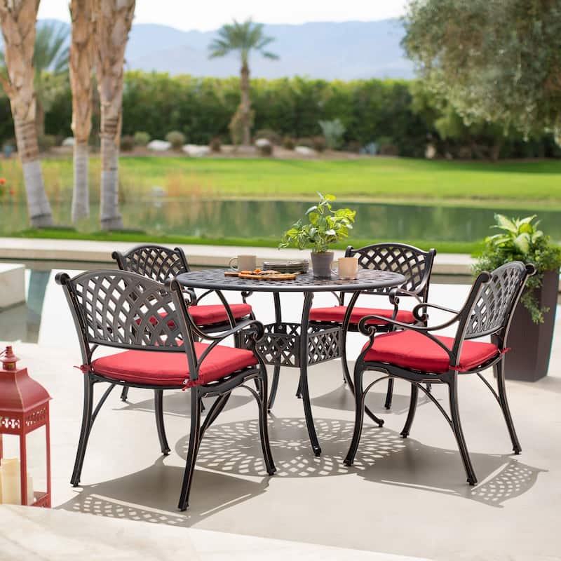 Outdoor 5-Piece Cast Aluminum Dining Set with Cushions - black with gold-painted edges and red