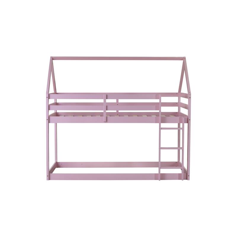 Twin over Twin Rubber Wood Floor Bunk Bed, Solid Wood Twin Size House Shaped Bunk Bed Frame with Roof and Guardrails