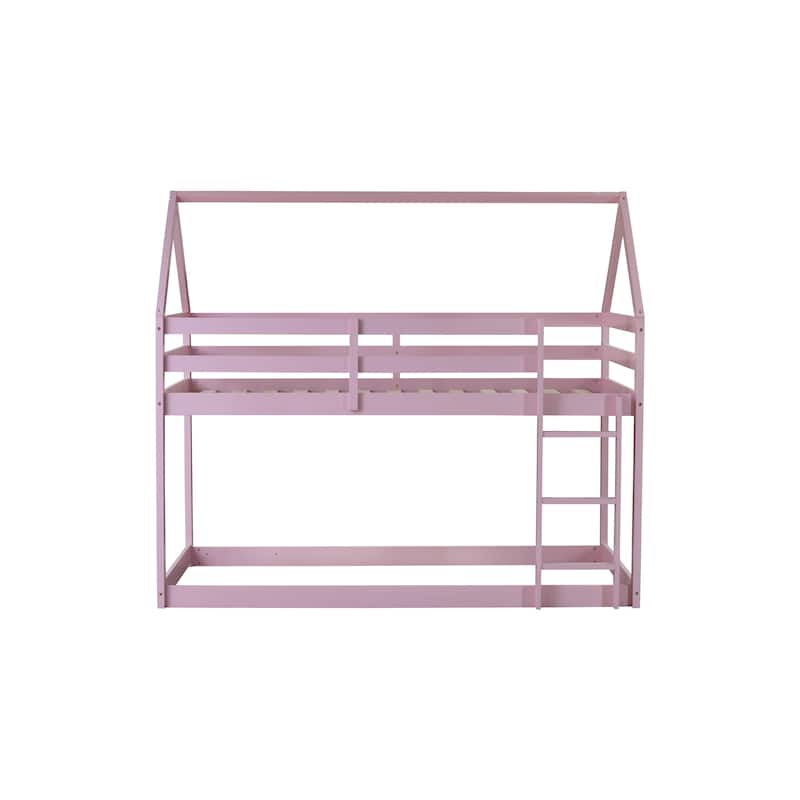 Twin over Twin Rubber Wood Floor Bunk Bed with Ladder, Guardrails, and House-Shaped Design, Pink Kids Bunk Bed
