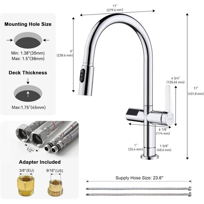 Lefton Touchless Pull-Out Kitchen Faucet, Hands Free Motion Sensor Activated, Battery-Free Temperature Display, KF2206
